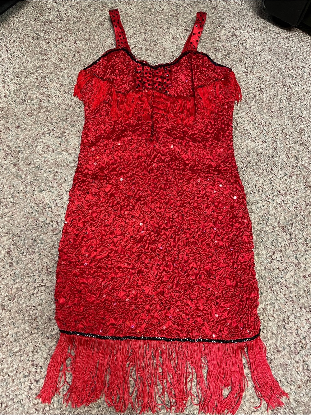 Vintage 50s/60s Red stretch satin Sequin Fringe Cocktail Dress- adorable